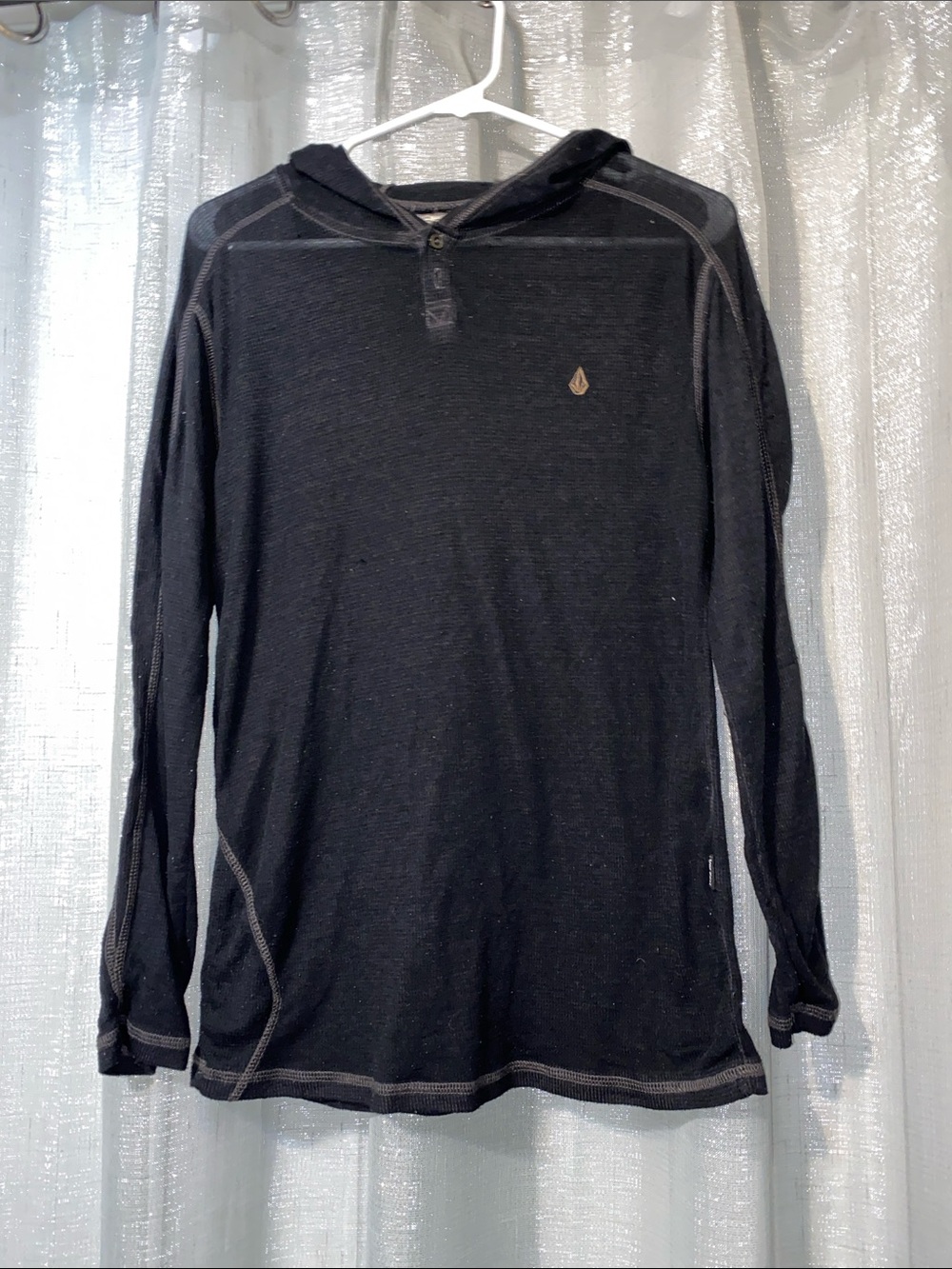 Volcom Black Hooded Long-Sleeve Henley with Contrast Stitching